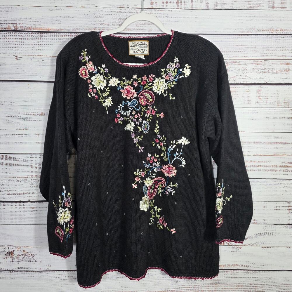 VTG Heirloom Collectibles Sweater Blk Multicolor Embroidered Sweater Womens XL